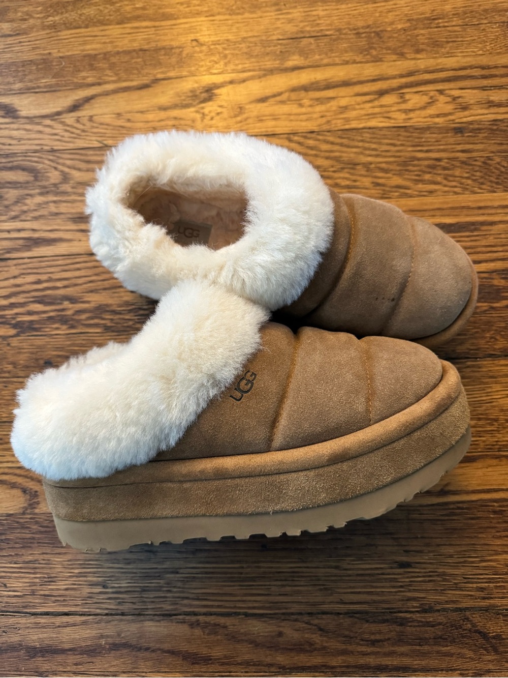 UGG Tazzlita Chestnut Suede Fur Platform Slippers Womens Size 9
